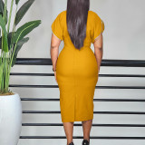 SC Plus Size Solid Color Slim Midi Dress(With Brooches) GATE-581