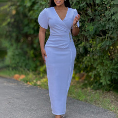 SC Plus Size V Neck Solid Color Hot Drill Maxi Dress GATE-579