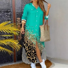 SC Plus Size Lapel Contrast Color Long Shirt Dress OSIF-8966