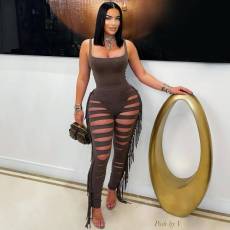 SC Solid Color Bodysuit Tassel Hole Pants 2 Piece Set LSD-2448
