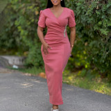 SC Plus Size V Neck Solid Color Hot Drill Maxi Dress GATE-579