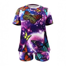 SC Plus Size Butterfly Print Short Sleeve Shorts Set OSIF-8968