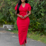 SC Plus Size V Neck Solid Color Hot Drill Maxi Dress GATE-579