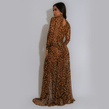 SC Leopard Print Long Sleeve Split Maxi Dress BY-7308
