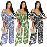 SC Print Off Shoulder Bat Sleeve Jumpsuit YF-20172