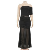 SC Slash Neck Mesh Patchwork Maxi Dress GAXB-D121DS