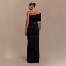SC Slash Neck Mesh Patchwork Maxi Dress GAXB-D121DS