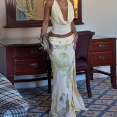 SC Backless Wrap Splicing Mesh Printed Split Long Skirt Set GLAG-S5218548G