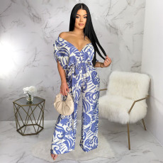SC Print Off Shoulder Bat Sleeve Jumpsuit YF-20172