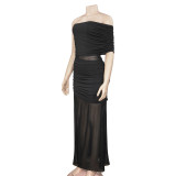 SC Slash Neck Mesh Patchwork Maxi Dress GAXB-D121DS