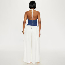 SC Contrast Color Halterneck Backless Jumpsuit GDSF-J25JP046