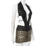 SC Leopard Print Lace Patchwork Backless Tie Mini Dress GDSF-D25DS104