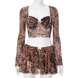 SC Leopard Print Bow Flared Long Sleeve Pleated Skirt Set GDSF-Q25ST124