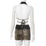 SC Leopard Print Lace Patchwork Backless Tie Mini Dress GDSF-D25DS104