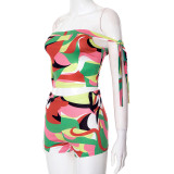 SC Colorful Print One Shoulder Tie Up Short Suit GDSF-D25ST096