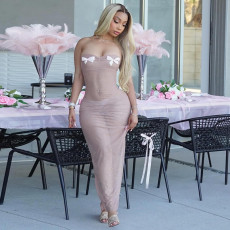 SC Plunge Bow Slightly Sheer Fishtail Dress GDSF-Q25DS083
