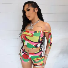 SC Colorful Print One Shoulder Tie Up Short Suit GDSF-D25ST096