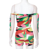 SC Colorful Print One Shoulder Tie Up Short Suit GDSF-D25ST096