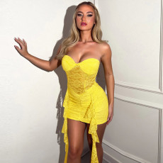 SC Solid Color Lace Ribbon Ruffles Mini Dress GDSF-G25DS105