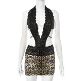 SC Leopard Print Lace Patchwork Backless Tie Mini Dress GDSF-D25DS104