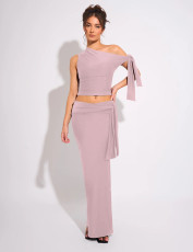 SC Slash Neck Solid Color Tie Up Skirts Suit GXYF-0467