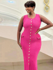 SC Solid Color Single Breasted Split  Maxi Dress SH-391358
