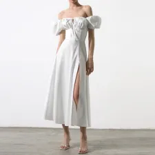 SC Plus Size Off Shoulder Bubble Sleeve Tie Maxi Dress GMAN-8141