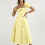 SC Plus Size Off Shoulder Bubble Sleeve Tie Maxi Dress GMAN-8141