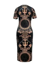 SC Gold Printed Short Sleeve Slim Midi Dress SH-391372