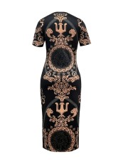 SC Gold Printed Short Sleeve Slim Midi Dress SH-391372