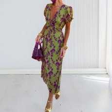SC Plus Size Print V Neck Pleated Maxi Dress GMAN-28272