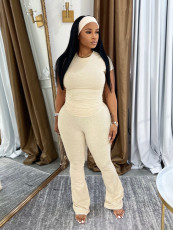 SC Solid Color Short Sleeve Sport Flare Pants Suit SFY-715