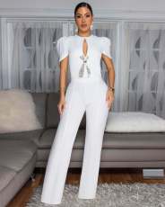 SC Bow Tie Short Sleeve Casual Wide Leg Jumpsuit OSM-4478