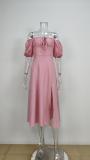 SC Plus Size Off Shoulder Bubble Sleeve Tie Maxi Dress GMAN-8141