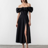 SC Plus Size Off Shoulder Bubble Sleeve Tie Maxi Dress GMAN-8141