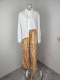 SC Plus Size Solid Color Shirt And Print Pants Suit GMAN-28494