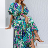 SC Plus Size Lantern Sleeve Printed Long Dress GMAN-29013