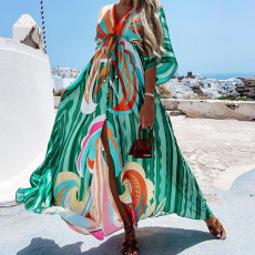 SC Plus Size Print V Neck Tie Up Maxi Dress GMAN-21383
