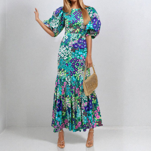 SC Plus Size Lantern Sleeve Printed Long Dress GMAN-29013