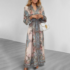 SC Plus Size V Neck Long Sleeve Print Maxi Dress GMAN-28758