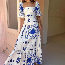 SC Plus Size Printed Lantern Short Sleeve Big Hem Maxi Dress GMAN-28338-28335
