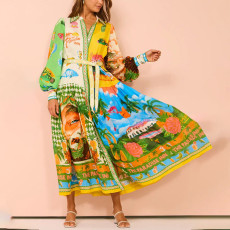 SC Plus Size Printed Lantern Sleeve Belted Shirt Dress GMAN-28068