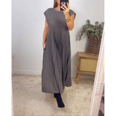 SC Plus Size Solid Color Pleated Loose Maxi Dress GMAN-28011