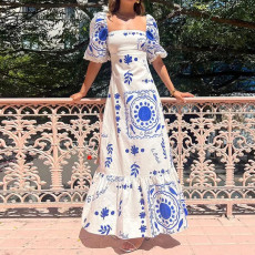 SC Plus Size Printed Lantern Short Sleeve Big Hem Maxi Dress GMAN-28338-28335