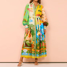 SC Plus Size Printed Lantern Sleeve Belted Shirt Dress GMAN-28068