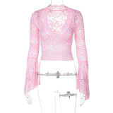 SC Deep V Neck Solid Color Lace Tops GLAG-T3C15100G