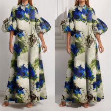 SC Plus Size Loose Print Bubble Sleeve Maxi Dress GMAN-29008