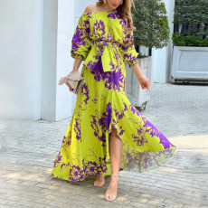 SC Plus Size Print Slash Shoulder Lantern Sleeve Maxi Dress GMAN-8686