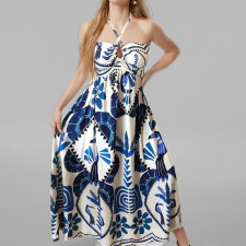 SC Plus Size Print Wrap Chest Halterneck Midi Dress GMAN-28468