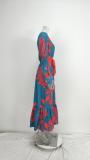 SC Plus Size Printed Lace-Up Bubble Long Sleeve Maxi Dress GMAN-28748